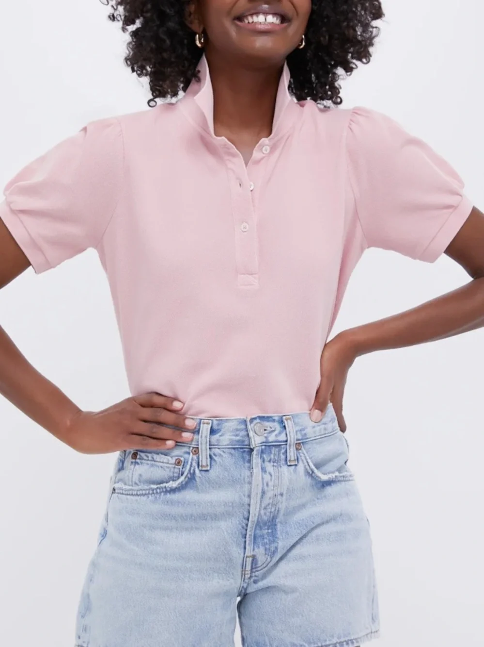 Tuckernuck pique cotton puff sleeve polo shirt in pink preppy sz medium